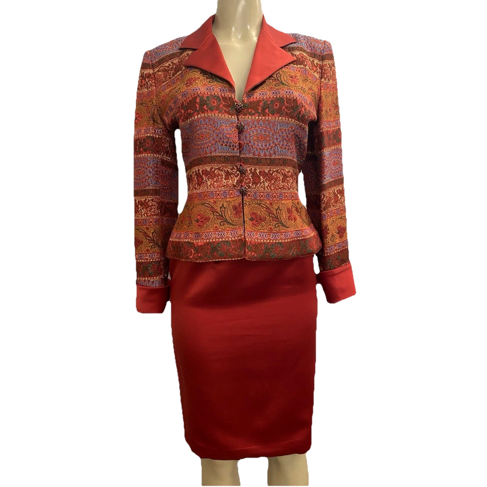 Victor Costa Nahdree Skirt Suit Set Blazer Jacket Red Tapestry Satin 4 S Vintage